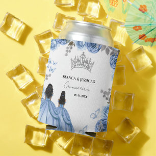 Dusty Blue Watercolor Floral Twin Quinceañera Can Cooler
