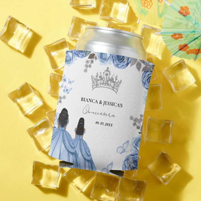 Dusty Blue Watercolor Floral Twin Quinceañera Can Cooler (In Situ Summer)
