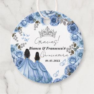 Dusty Blue Watercolor Floral Twin Quinceañera Favour Tags