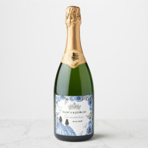 Dusty Blue Watercolor Floral Twin Quinceañera Sparkling Wine Label