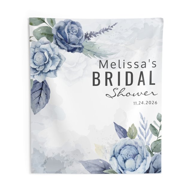 Dusty Blue Watercolor Floral Typography Tapestry (Dusty Blue Floral Bridal Shower Wall Tapestry)