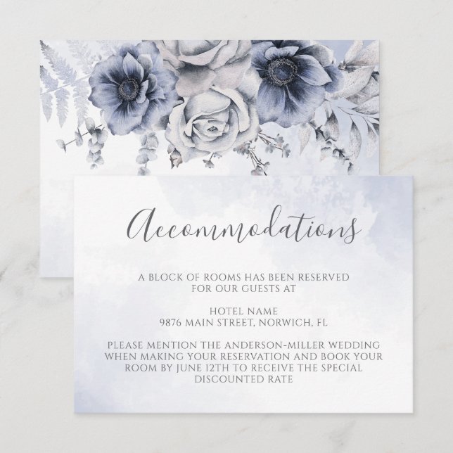 Dusty Blue Watercolor Floral Wedding Accommodation Enclosure Card (Front/Back)