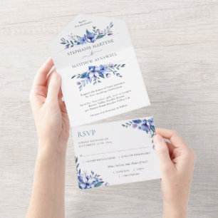 Dusty Blue Watercolor Floral Wedding All In One Invitation