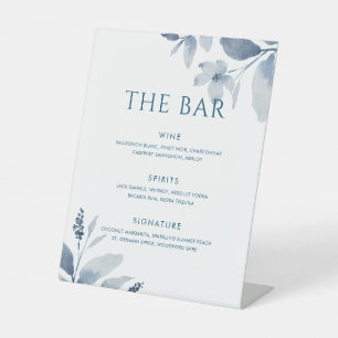Dusty Blue Watercolor Floral Wedding Bar Menu Sign