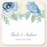 Dusty Blue Watercolor Floral Wedding Custom Square Paper Coaster<br><div class="desc">Beautiful custom wedding paper coasters featuring dusty blue and cream watercolor flowers.</div>