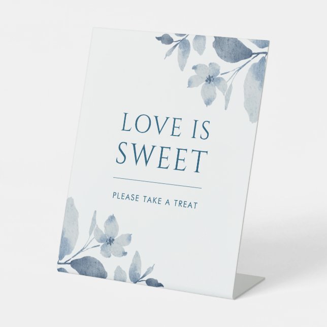 Dusty Blue Watercolor Floral Wedding Dessert Sign (Front)