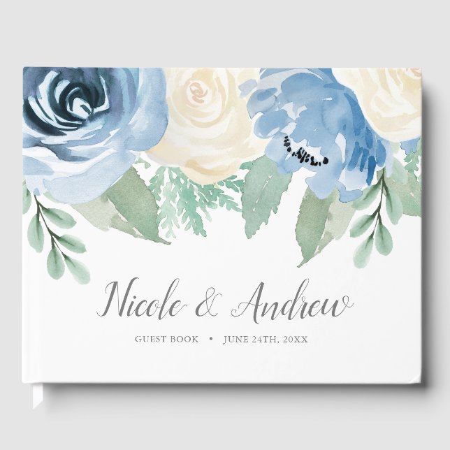 Dusty Blue Watercolor Floral Wedding Guest Book (Front)