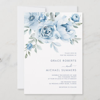 Dusty Blue Watercolor Floral Wedding Invitation
