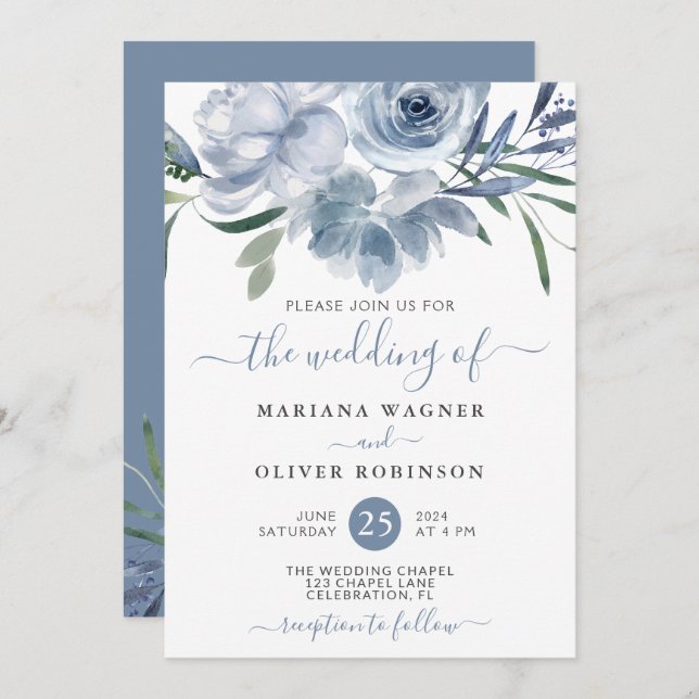 Dusty Blue Watercolor Floral Wedding Invitation (Front/Back)