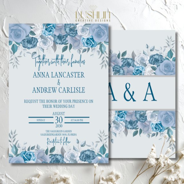 Dusty Blue Watercolor Floral Wedding Invitation  (Creator Uploaded)