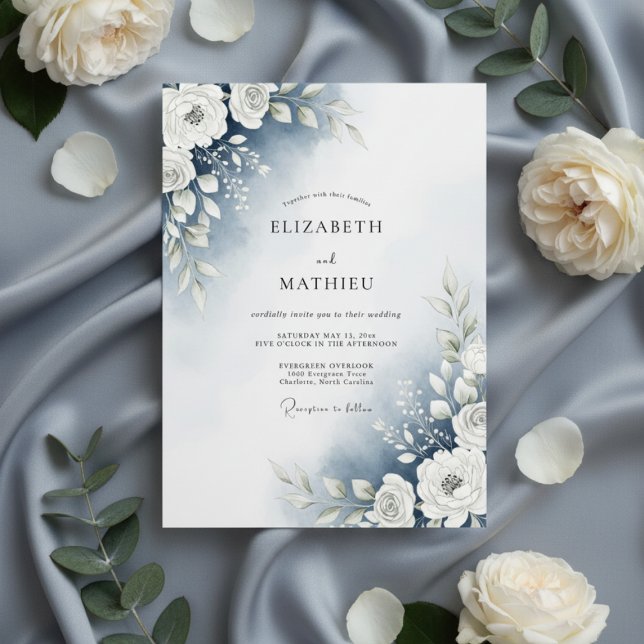 Dusty Blue Watercolor Floral Wedding Invitation (Creator Uploaded)