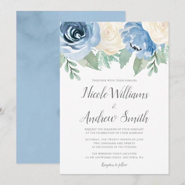 Dusty Blue Watercolor Floral Wedding Invitation (Front/Back)