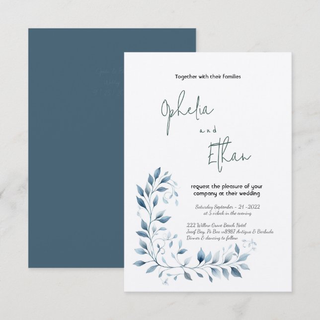 Dusty Blue Watercolor Floral wedding Invitation (Front/Back)