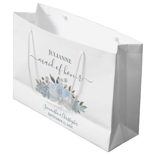 Dusty Blue Watercolor Floral Wedding Maid of Honou Large Gift Bag (Front Angled)