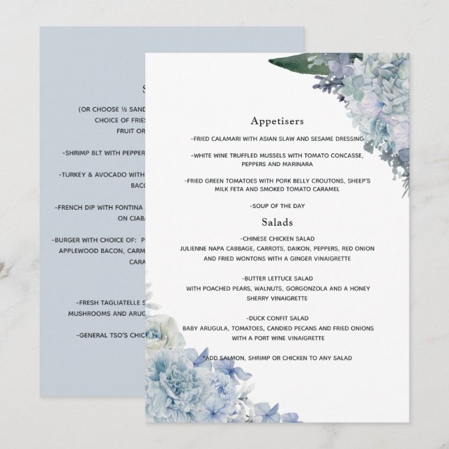Dusty Blue Watercolor floral Wedding Menu (Front/Back)