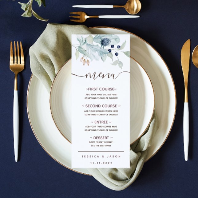 Dusty Blue Watercolor Floral Wedding Menu (Creator Uploaded)