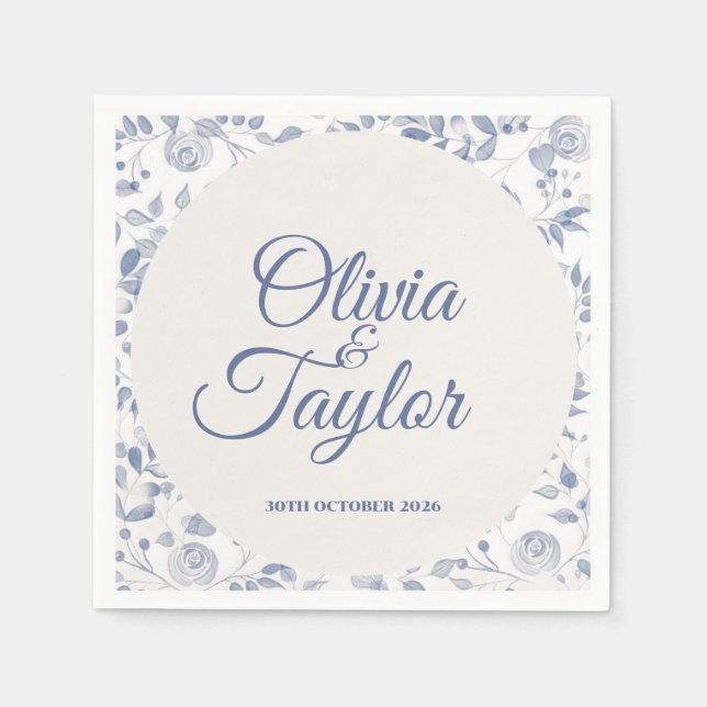 Dusty Blue Watercolor Floral Wedding Napkin (Front)