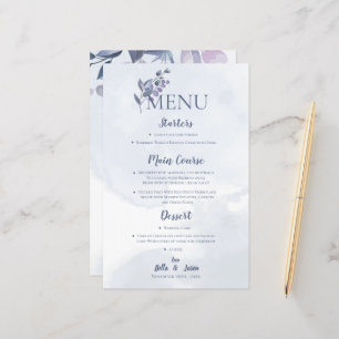 Dusty Blue Watercolor Floral Wedding Party Menu
