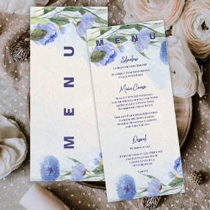 Dusty Blue Watercolor Floral Wedding Reception Menu