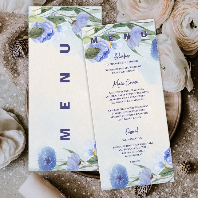 Dusty Blue Watercolor Floral Wedding Reception  Menu (Dusty Blue Watercolor Floral Wedding Menu Card | Elegant Blue Botanical Reception Menu)
