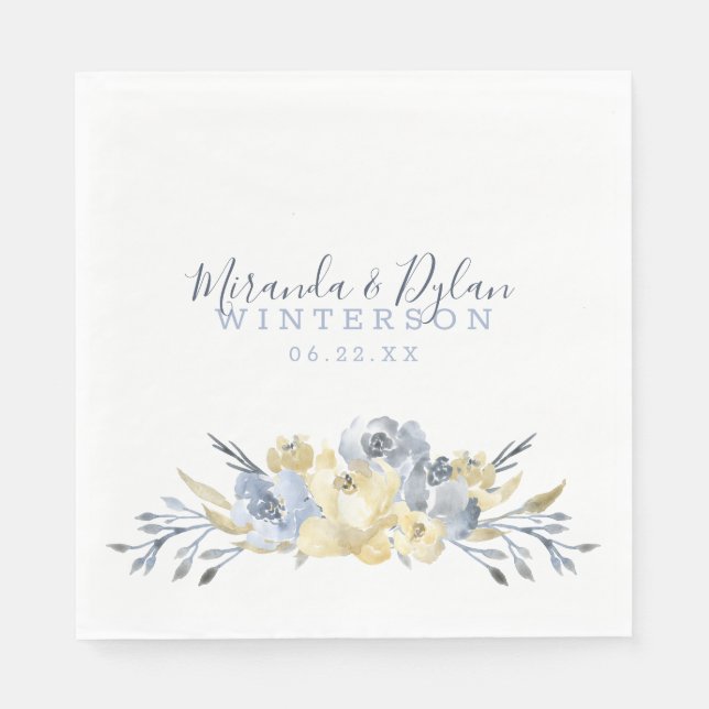 Dusty blue watercolor floral wedding reception napkin (Front)