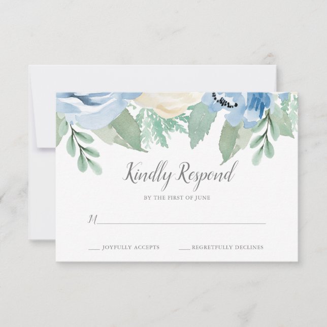 Dusty Blue Watercolor Floral Wedding RSVP Card (Front)