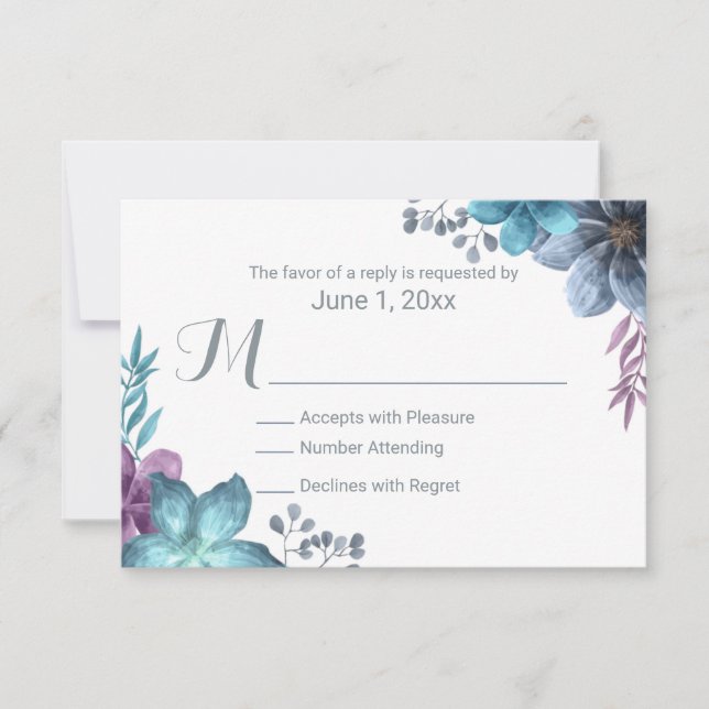 Dusty Blue Watercolor Floral Wedding RSVP Card (Front)