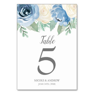 Dusty Blue Watercolor Floral Wedding Table Number