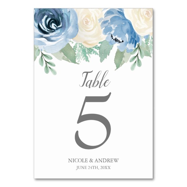 Dusty Blue Watercolor Floral Wedding Table Number (Front)