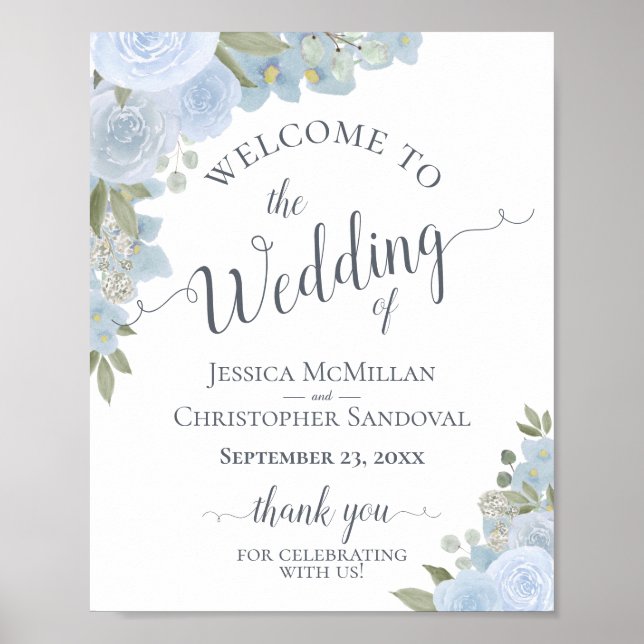Dusty Blue Watercolor Floral Wedding Welcome Sign (Front)