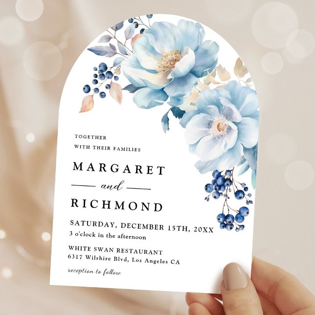 Dusty Blue Watercolor Floral Winter Arch Wedding Invitation (Creator Uploaded)