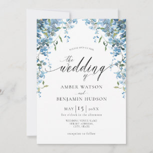 Dusty Blue Watercolor Floral Wisteria Wedding  Inv Invitation
