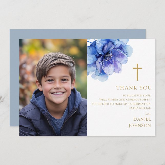 Dusty Blue Watercolor Flower Photo Confirmation Thank You Card (Front/Back)