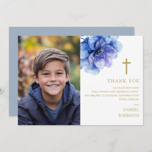 Dusty Blue Watercolor Flower Photo Confirmation Thank You Card