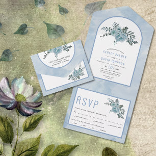 Dusty blue watercolor flowers arch floral wedding all in one invitation