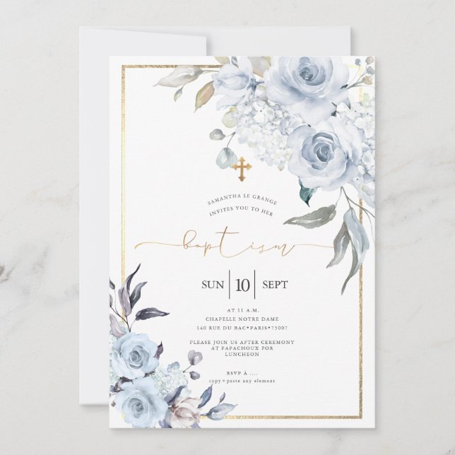 Dusty Blue Watercolor Flowers Baptism Invitation (Front)