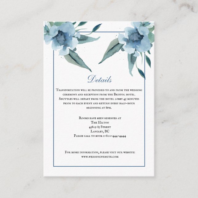 dusty blue watercolor flowers details wedding card (Front)