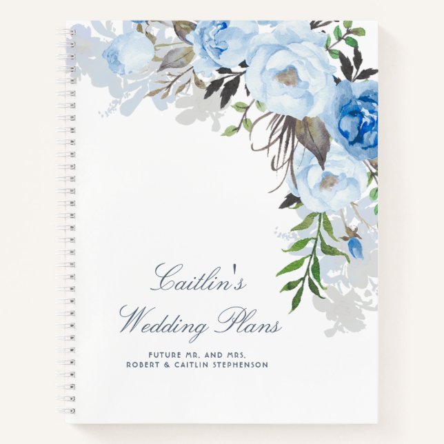 Dusty Blue Watercolor Flowers Elegant Wedding Plan Notebook (Front)