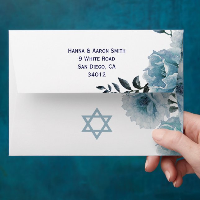 Dusty blue watercolor flowers floral Bat Mitzvah Envelope (Hand)