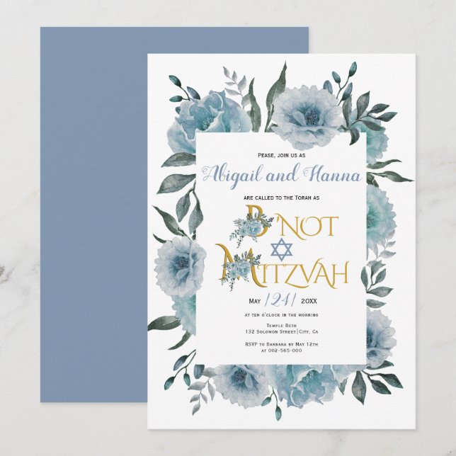 Dusty blue watercolor flowers floral B'Not Mitzvah Invitation (Front/Back)