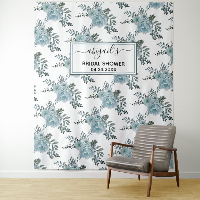 Dusty blue watercolor flowers floral bridal shower tapestry (In Situ)