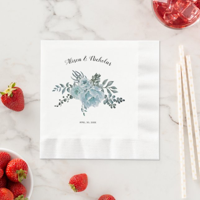 Dusty blue watercolor flowers floral wedding napkin (Insitu)