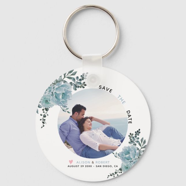 Dusty blue watercolor flowers, green leaves photo key ring (Front)