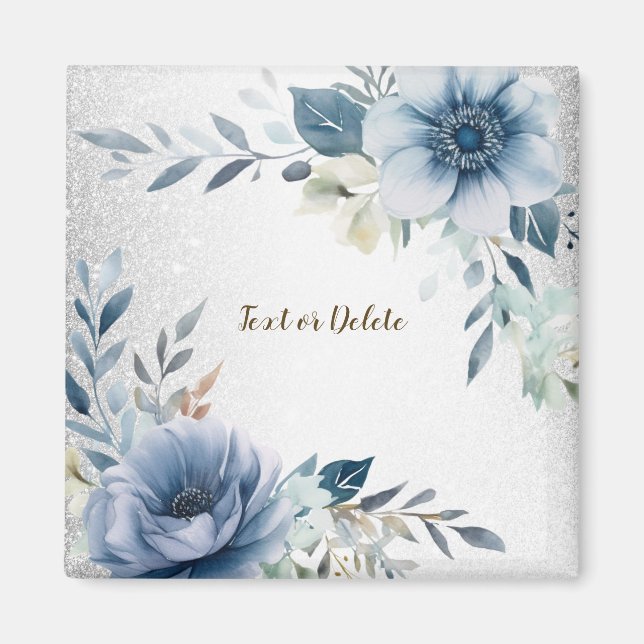Dusty Blue Watercolor Flowers Silver Elegant Magnet (Front)