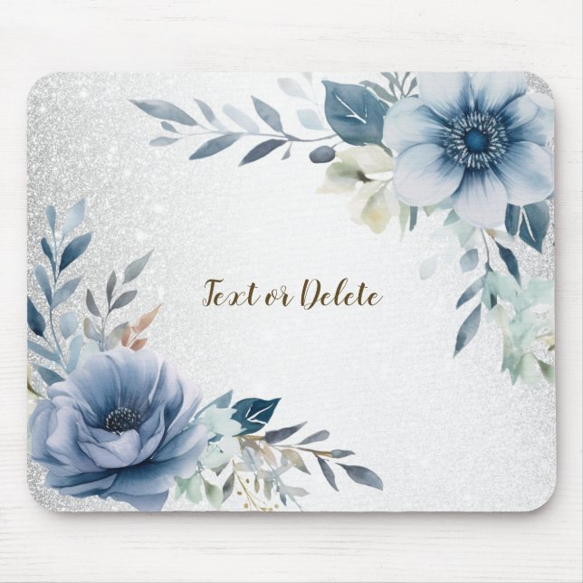 Dusty Blue Watercolor Flowers Silver Elegant Mouse Mat (Front)