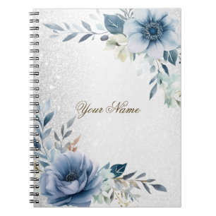Dusty Blue Watercolor Flowers Silver Elegant Notebook