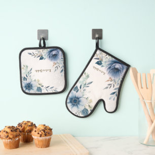 Dusty Blue Watercolor Flowers Silver Elegant Oven Mitt & Pot Holder Set