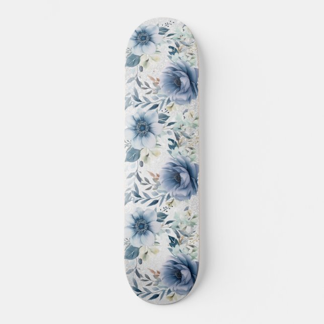 Dusty Blue Watercolor Flowers Silver Elegant Skateboard (Front)