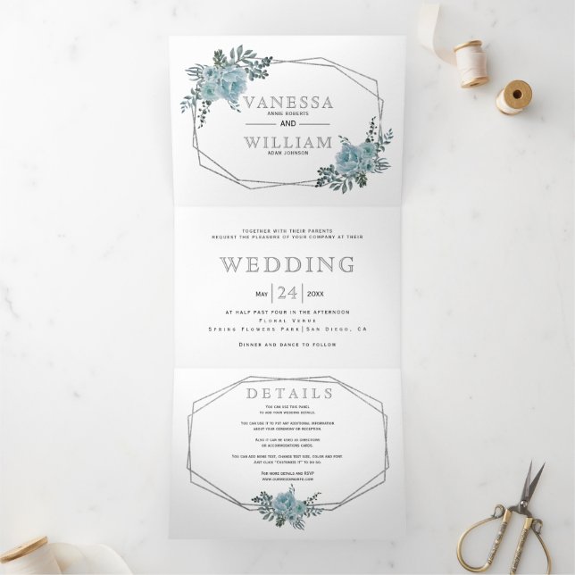 Dusty blue watercolor flowers silver wedding Tri-Fold invitation (Inside)
