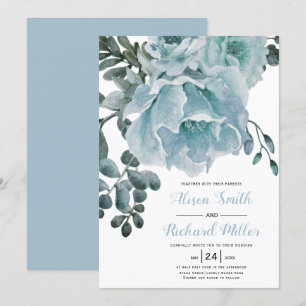 Dusty blue watercolor flowers typography wedding invitation
